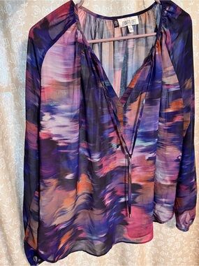 Jennifer Lopez JLO Sheer Abstract Whimsigoth Boho Peasant Blouse Long Sleeve Lrg
